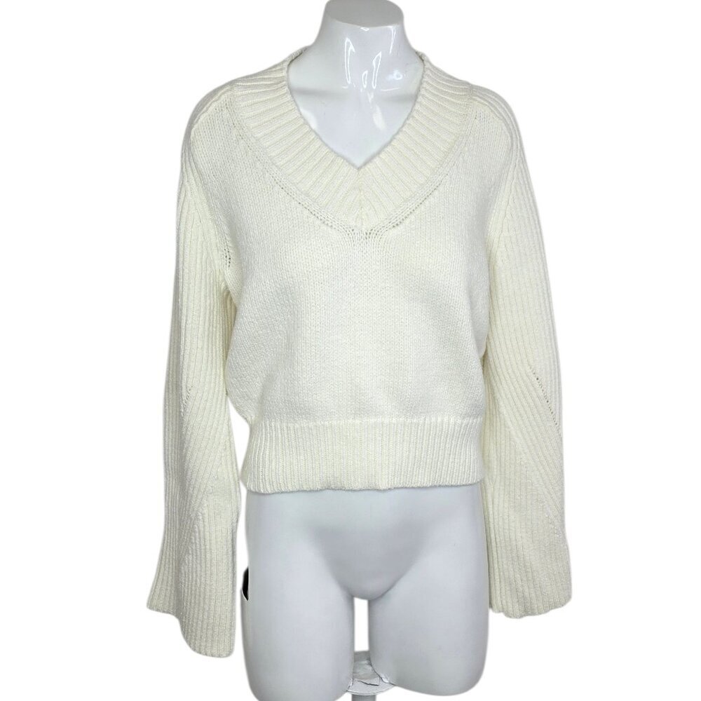 Anthropologie Bell-Sleeve V-Neck Sweater, Knit, Off White, Pullover, Size Small